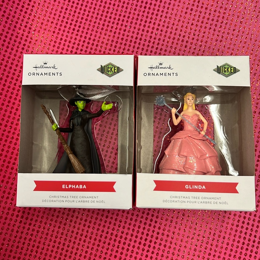 Wicked Glenda and Elphaba hallmark ornaments NIB